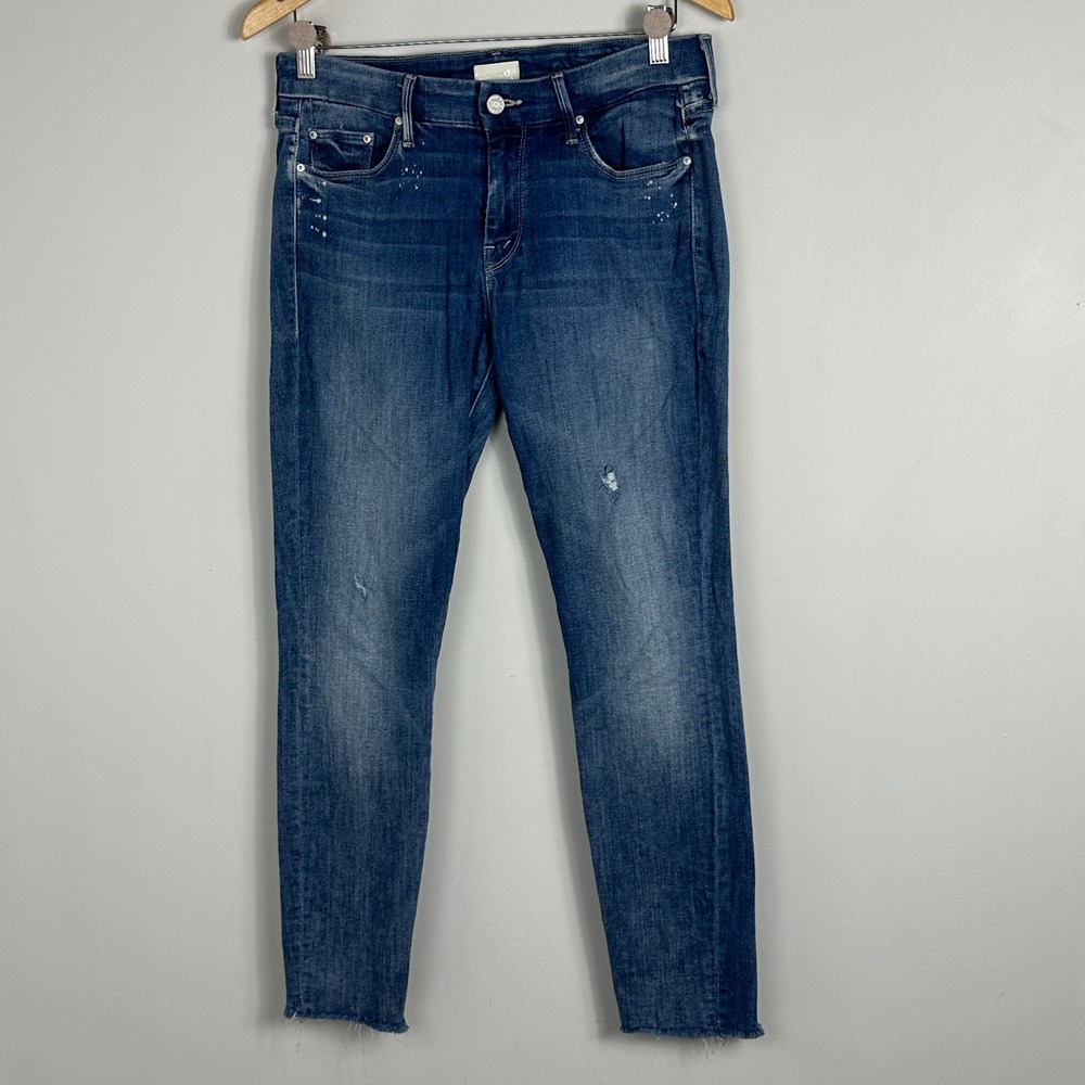 Mother USA Looker Jeans Womens Sz 28 Blue Denim High Rise Double Time Ankle Fray